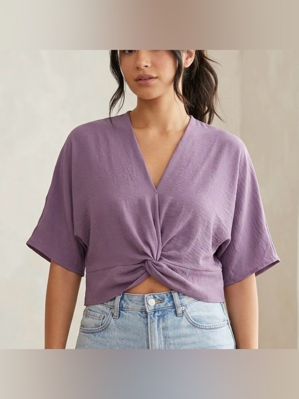 Third And Malt Purple Dolman Sleeve Knot Front Crop Top Shirt Tee Blouse Size L